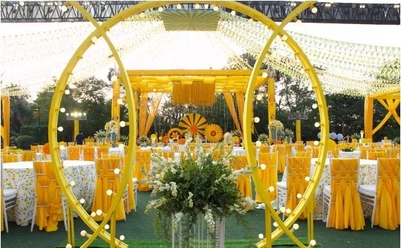 Golden ring pavilion at an outdoor wedding