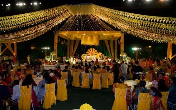 Marigold-themed night wedding reception